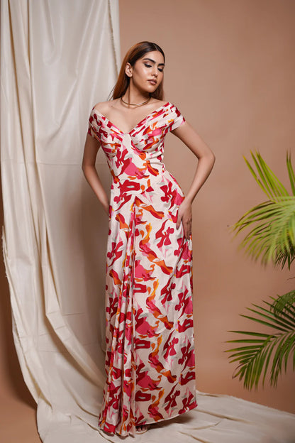 CREAM ABSTRACT OFF SHOULDER CORSET DRAPE DRESS