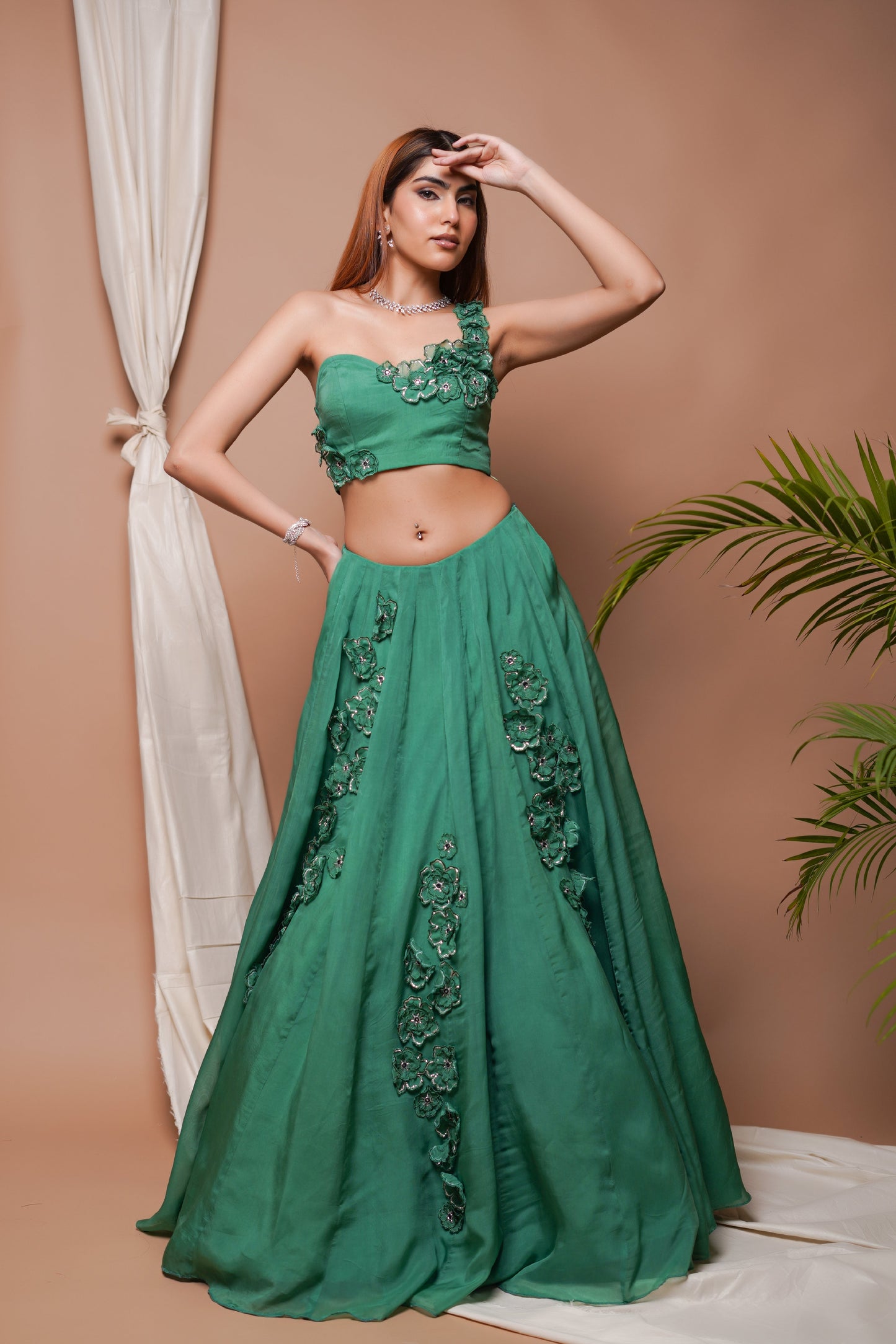 BRIGHT GREEN 3-D  ORGANZA INDO LEHENGA SET  (SET OF 2)
