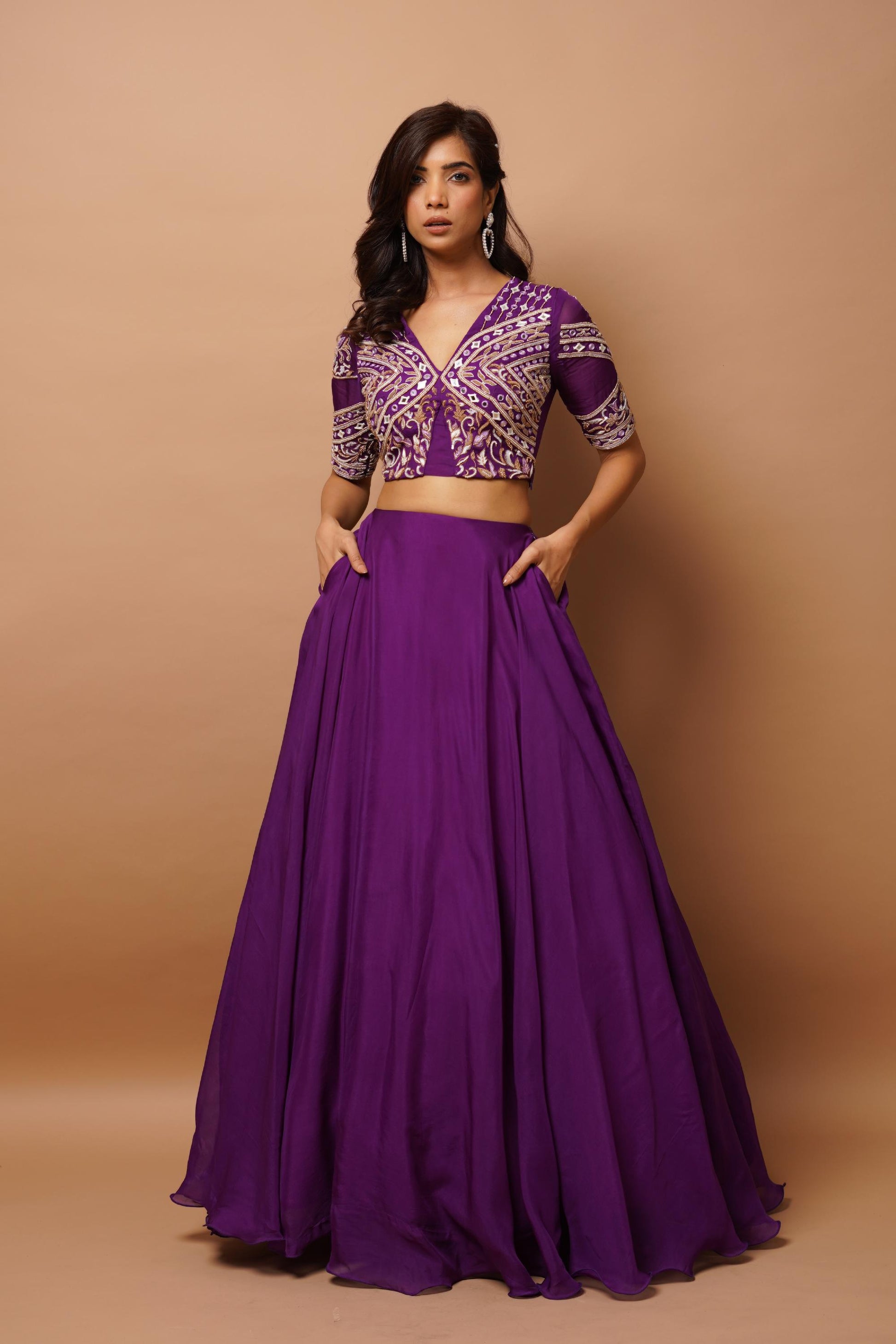 dark purple organza indo lehenga set Image1
