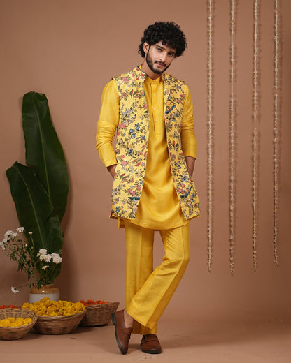 Yellow Printed Open Jacket+Kurta Pyjama Set (Set of 3)