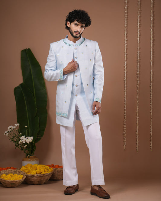 Sky Blue Open Jacket + Jodhpuri Indo Set (Set of 3)