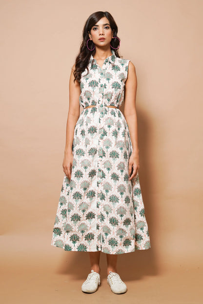White cotton printed midi