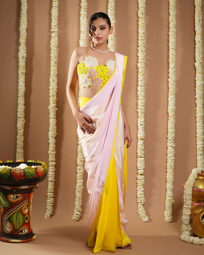 Yellow / Pink Flower Applique Pre Draped Saree (Set Of 2)