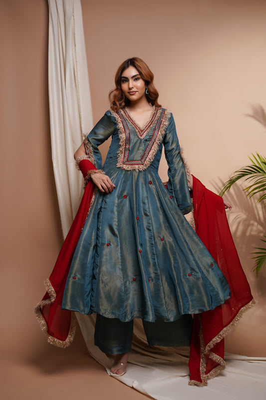 BLUE RED TISSUE SILK ANARKALI SUIT SET  (SET OF 3)