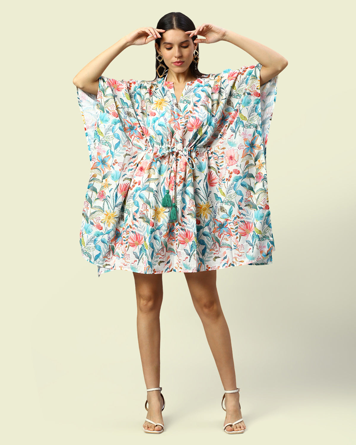 Linen Floral Short Kaftan Dress