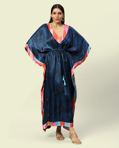 Steel Blue Printed Long Kaftan