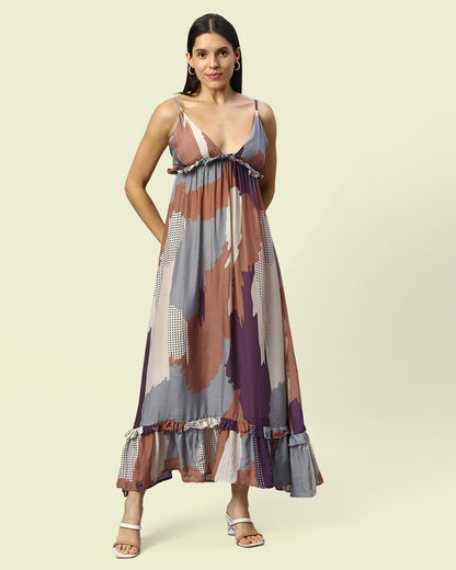 Abstract Long Ruffled Tiered Dress