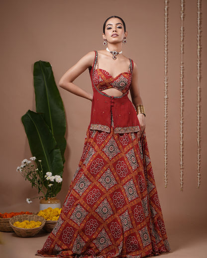 Red Bandhani Printed Lehenga Set (Set of 3)