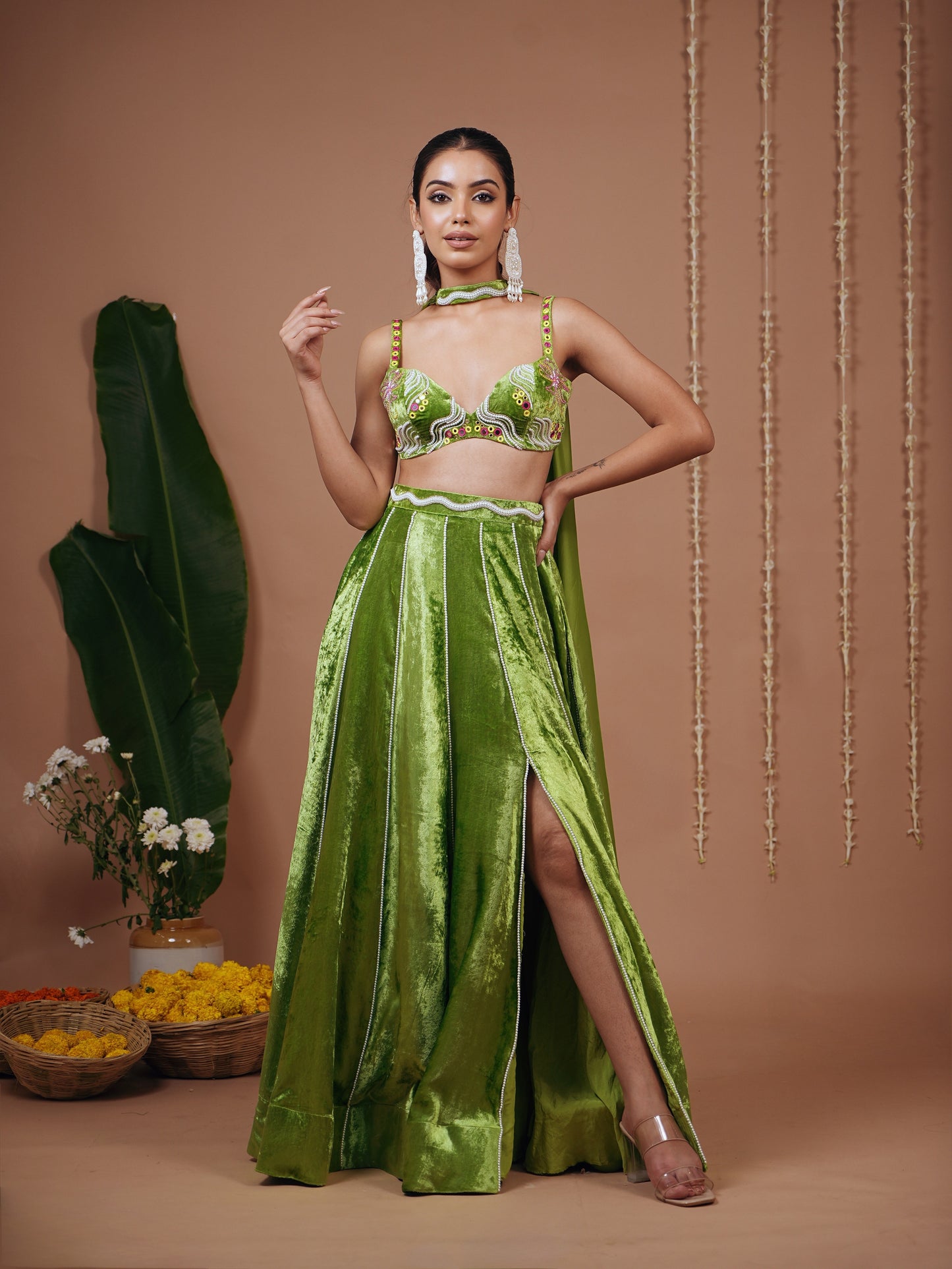 Bright Green Velvet Indo Lehenga Set (Set of 3)