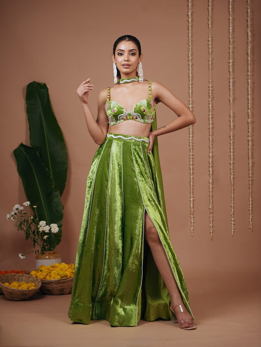 Bright Green Velvet Indo Lehenga Set (Set of 3)