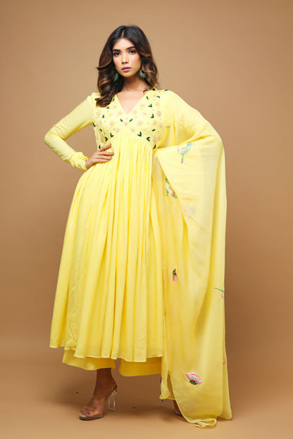 Yellow Anarkali Suit With Hand Painted Dupatta  (Set Of 3)