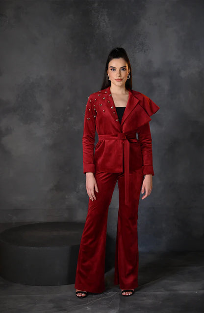 Red Velvet Embroidered Blazer Pant Set