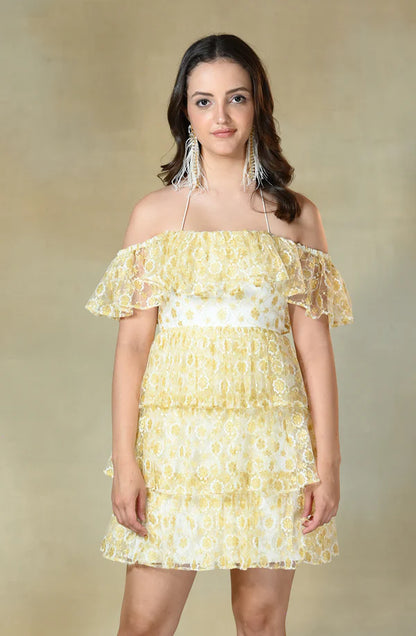 White & Golden Chantilly Lace Dress