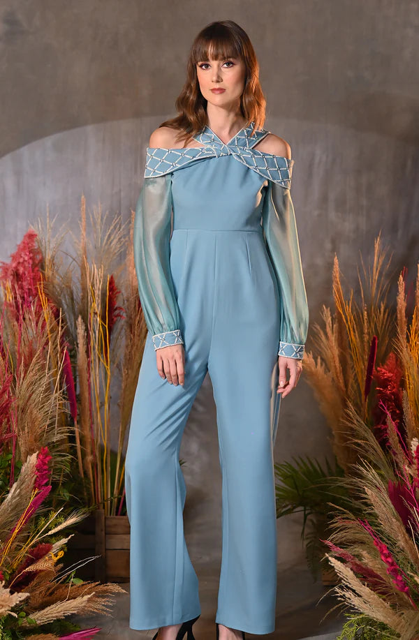 Sky Blue Embroidered Jumpsuit