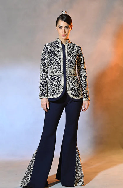 Blue Embroidered Peplum Jacket & Pant Set