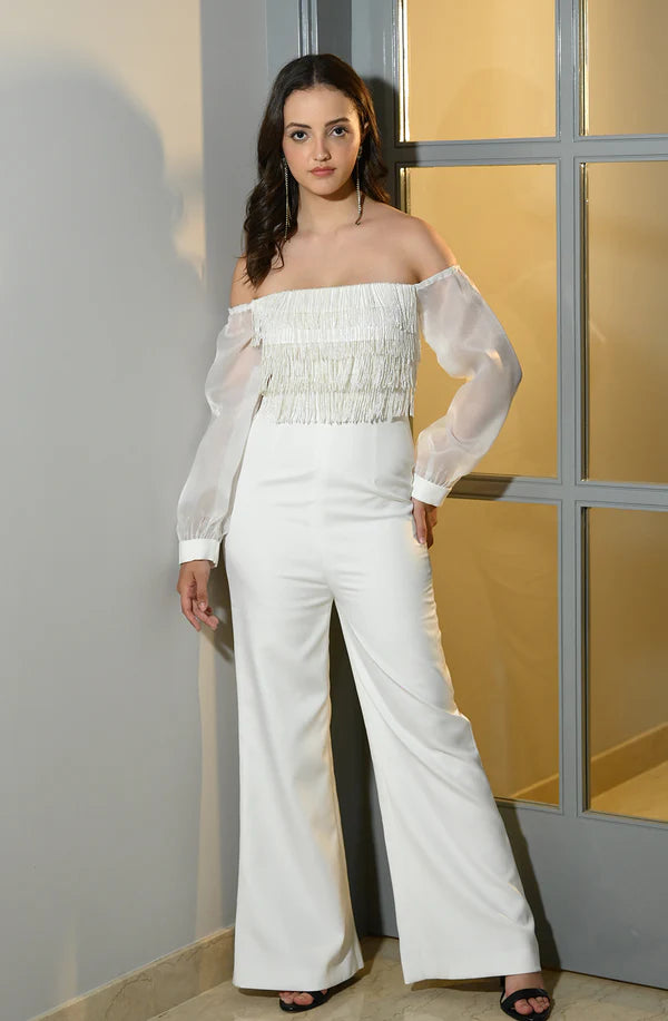 White Jumpsuit With Fringe Detailing