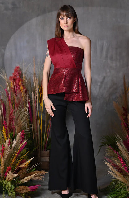 Red Sequin & Organza Drape Top