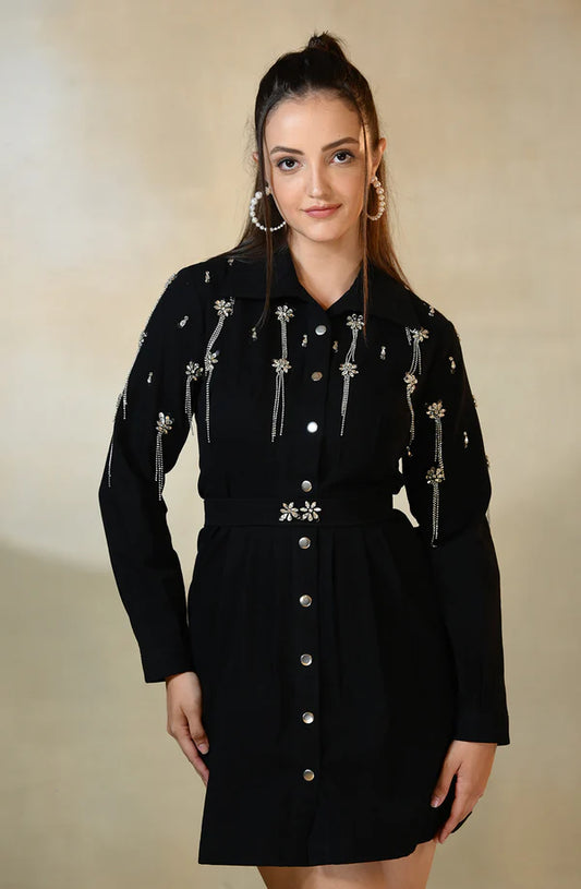 Black Denim Embroidered Dress