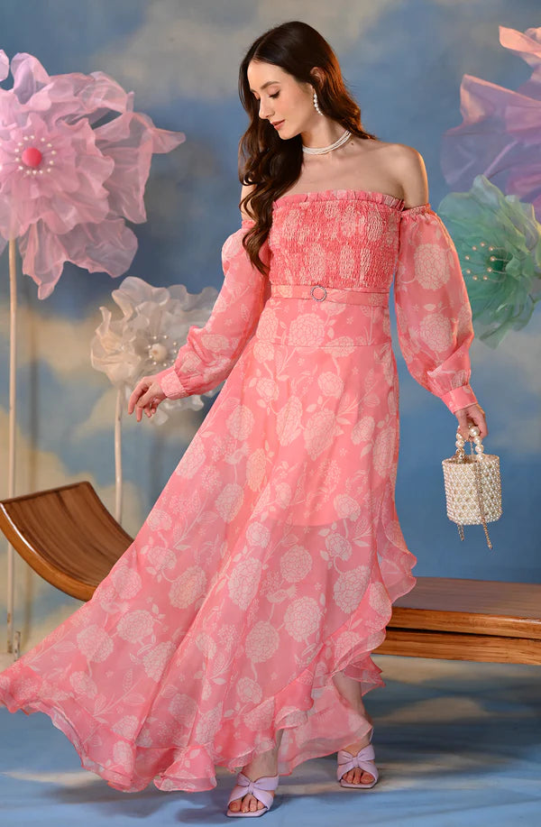 Pink Organza Printed Gown