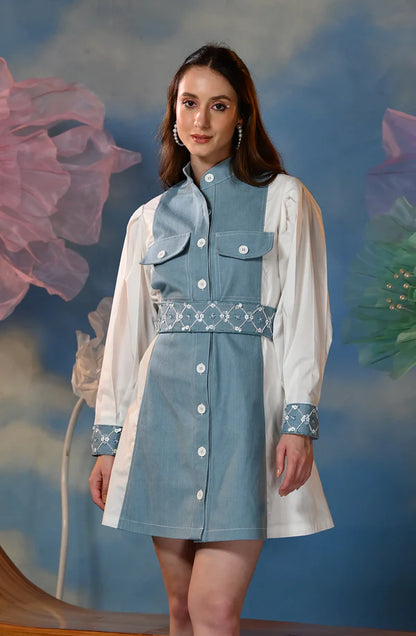 Blue & White Embroidered Shirt Dress