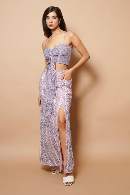Pink and blue Block printed long skirt co-ord