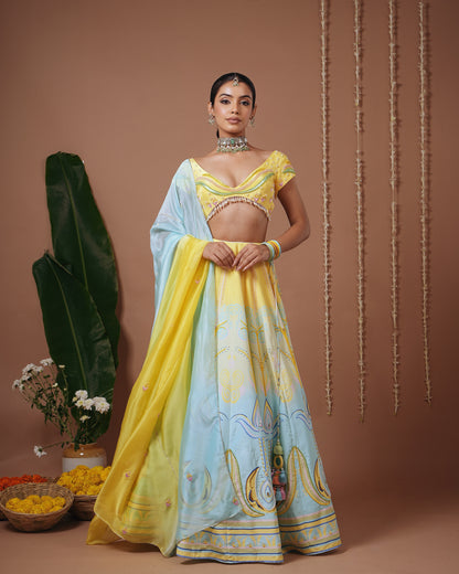 Yellow-Firozi Heavy Printed Lehenga Set (Set of 3)