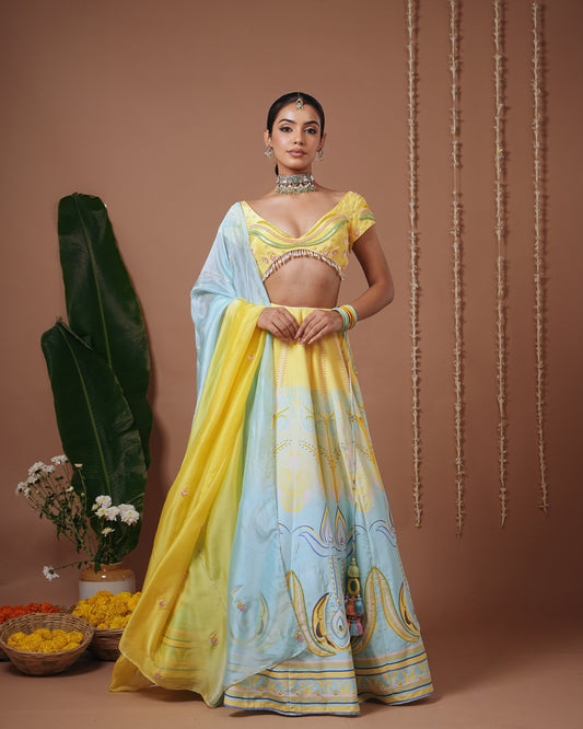 Yellow-Firozi Heavy Printed Lehenga Set (Set of 3)