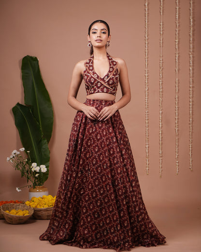 Maroon Halter Laple Neck Indo Lehenga Set (Set of 2)