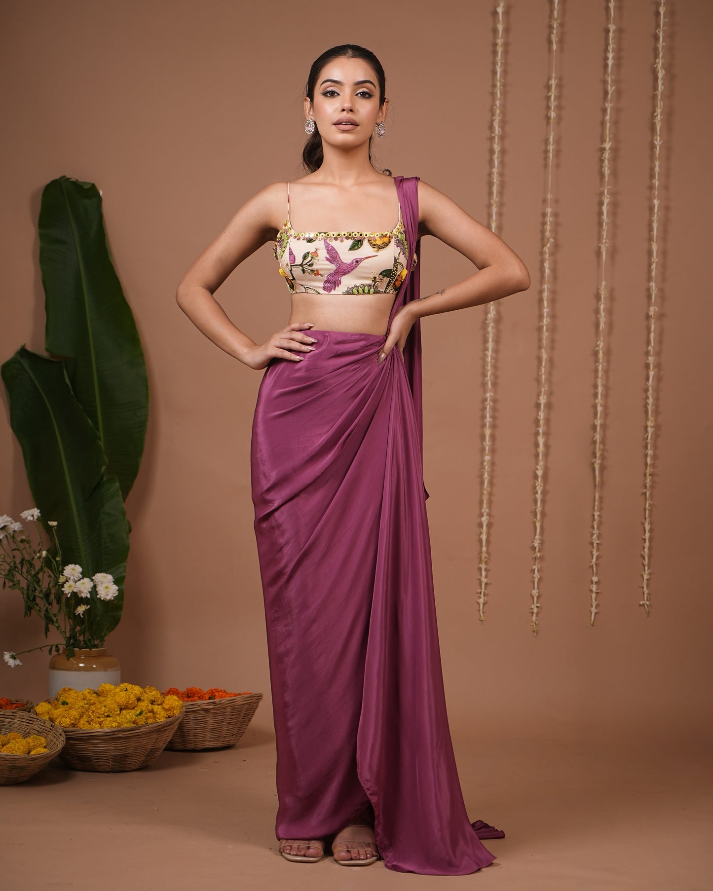 Cream Lemon Print Indo Pre Drape Saree Set (Set of 2)