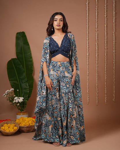 Navy Blue Digital Print Indo Sharara Set (Set of 3)