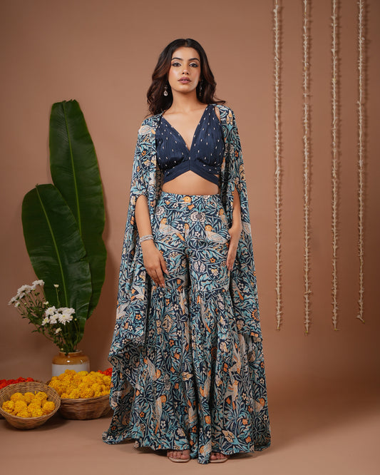 Navy Blue Digital Print Indo Sharara Set (Set of 3)