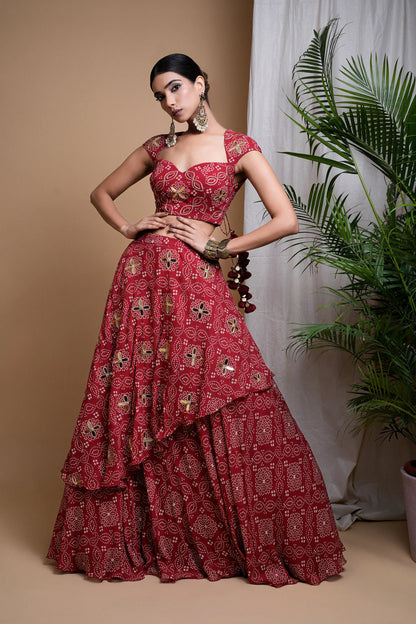 RED BANDHANI DIGITAL PRINT INDO LEHENGA SET (SET OF 2)