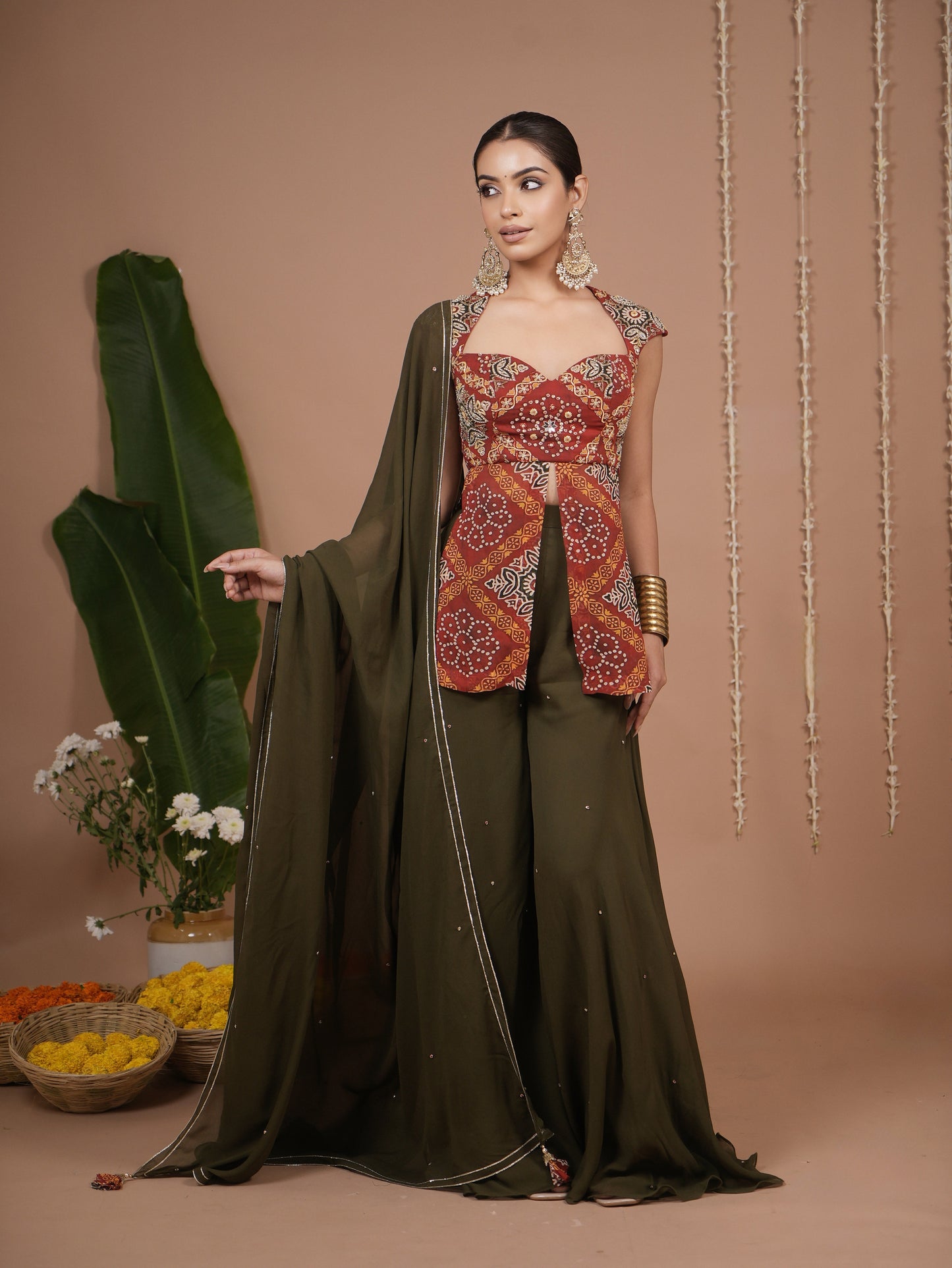 Red Bandhani Printed Kurti Palazzo Set (Set of 3)