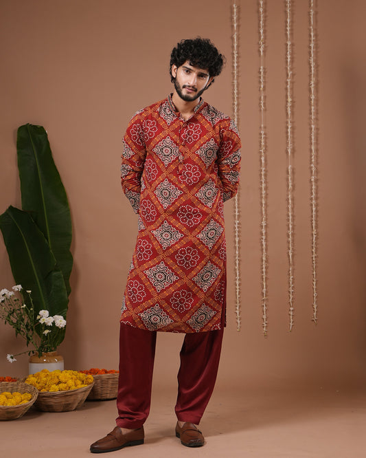 Red-Maroon Bandhani Kurta + Salwar Set (Set of 2)