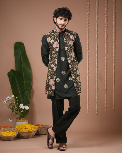 Olive Green Heavy Kurta + Sheer Jacket + Pant Set (Set of 3)