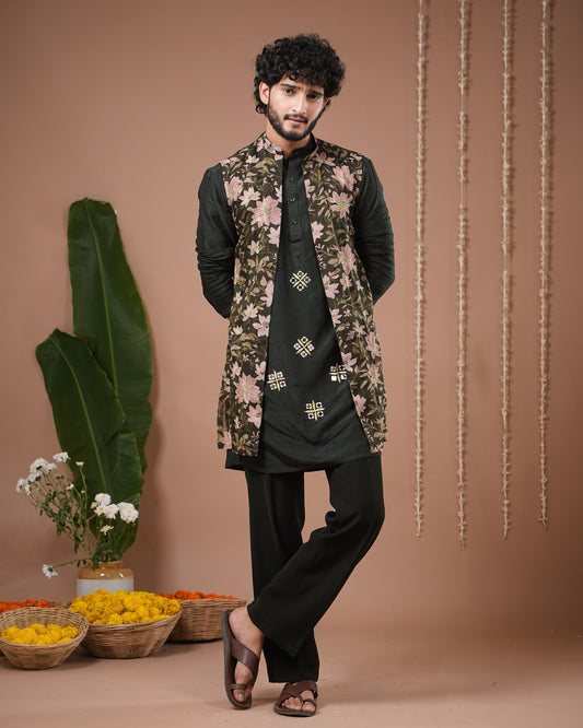 Olive Green Heavy Kurta + Sheer Jacket + Pant Set (Set of 3)