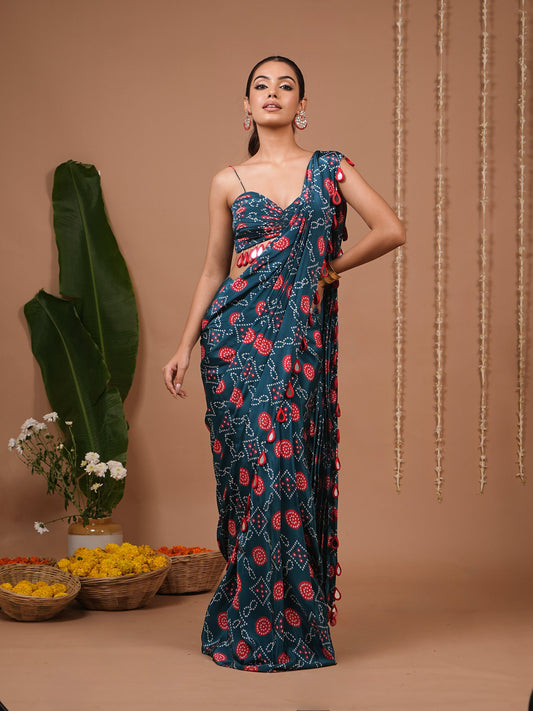 Teal Blue-Red Bandhej Printed Drape Saree (Set of 2)