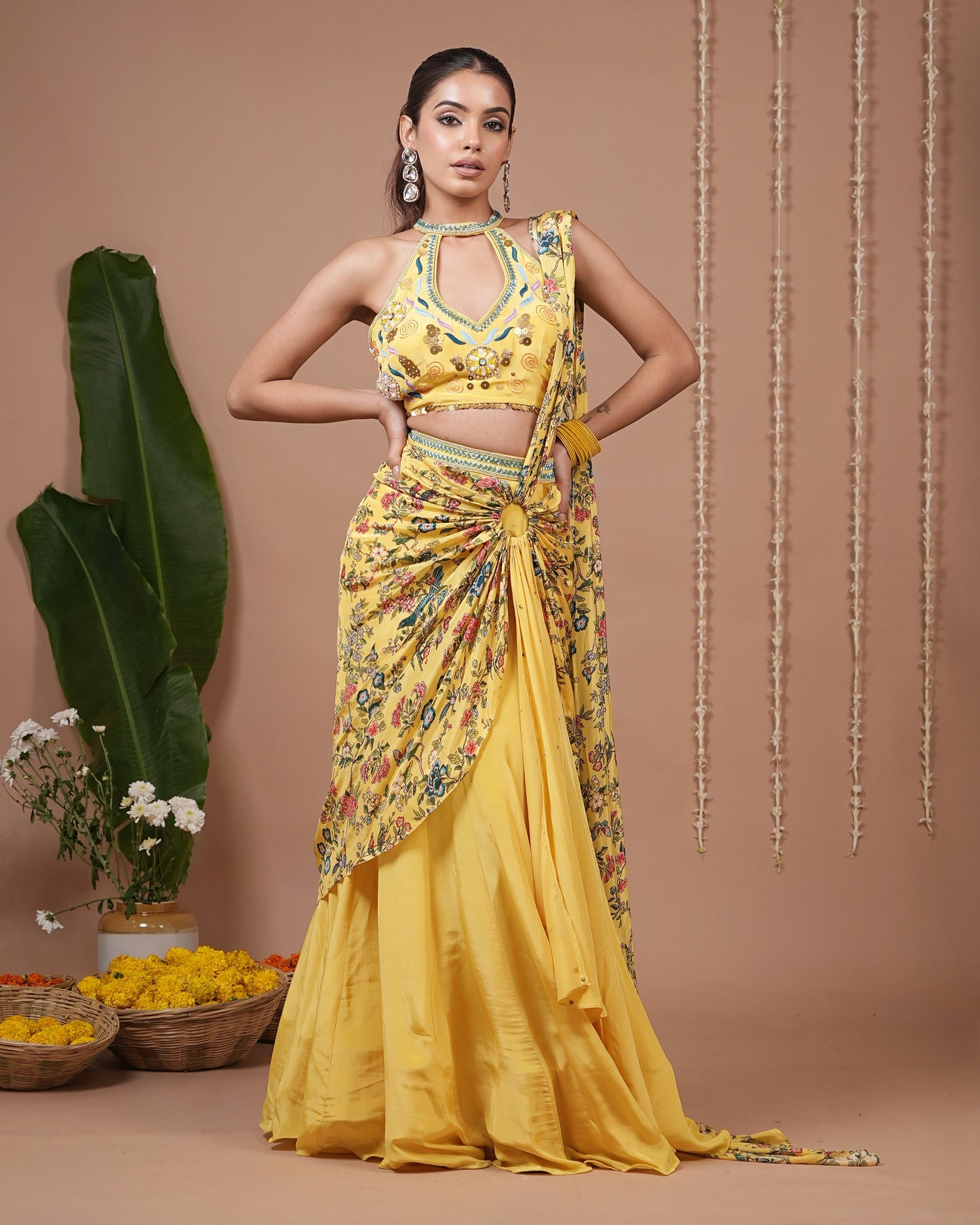 Bright Yellow Printed Halter Neck Indo Drape Set (Set of 2)