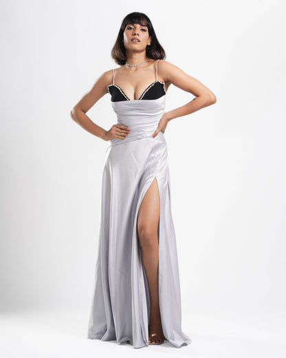 Vetra - Black and Silver Strappy Drape Long Dress
