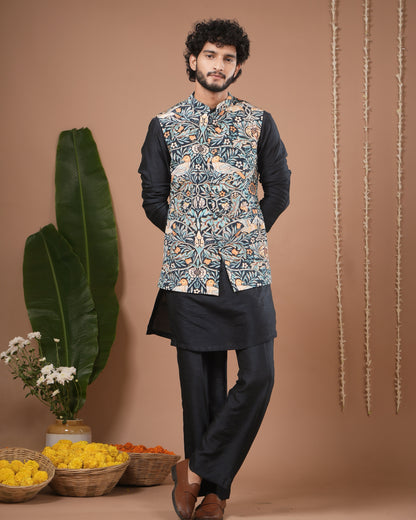 Navy Blue Digital Print Nehru Jacket + Kurta Pyjama Set (Set of 3)
