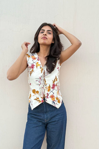 Floral Linen Tie-Up Top