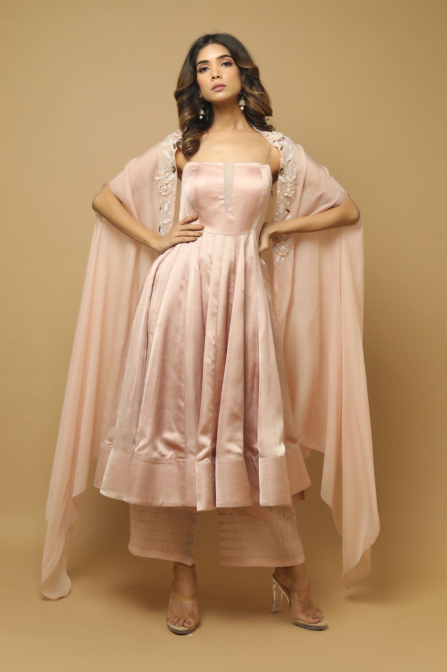 Rose Pink Kali Kurta Set  (Set Of 3)