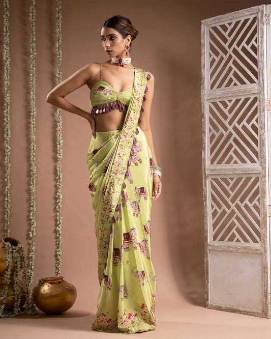 Elephant Print Green Purple Pre-Drape Saree (Set of 2)