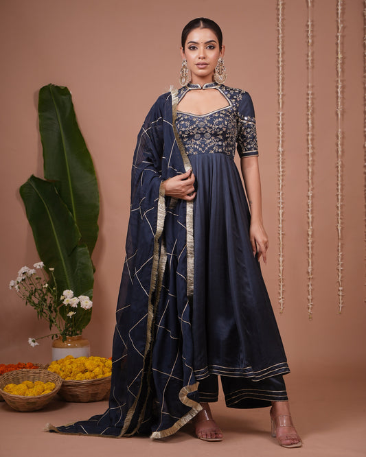 Navy Blue Silk Satin Heavy Anarkali Suit Set (Set of 3)