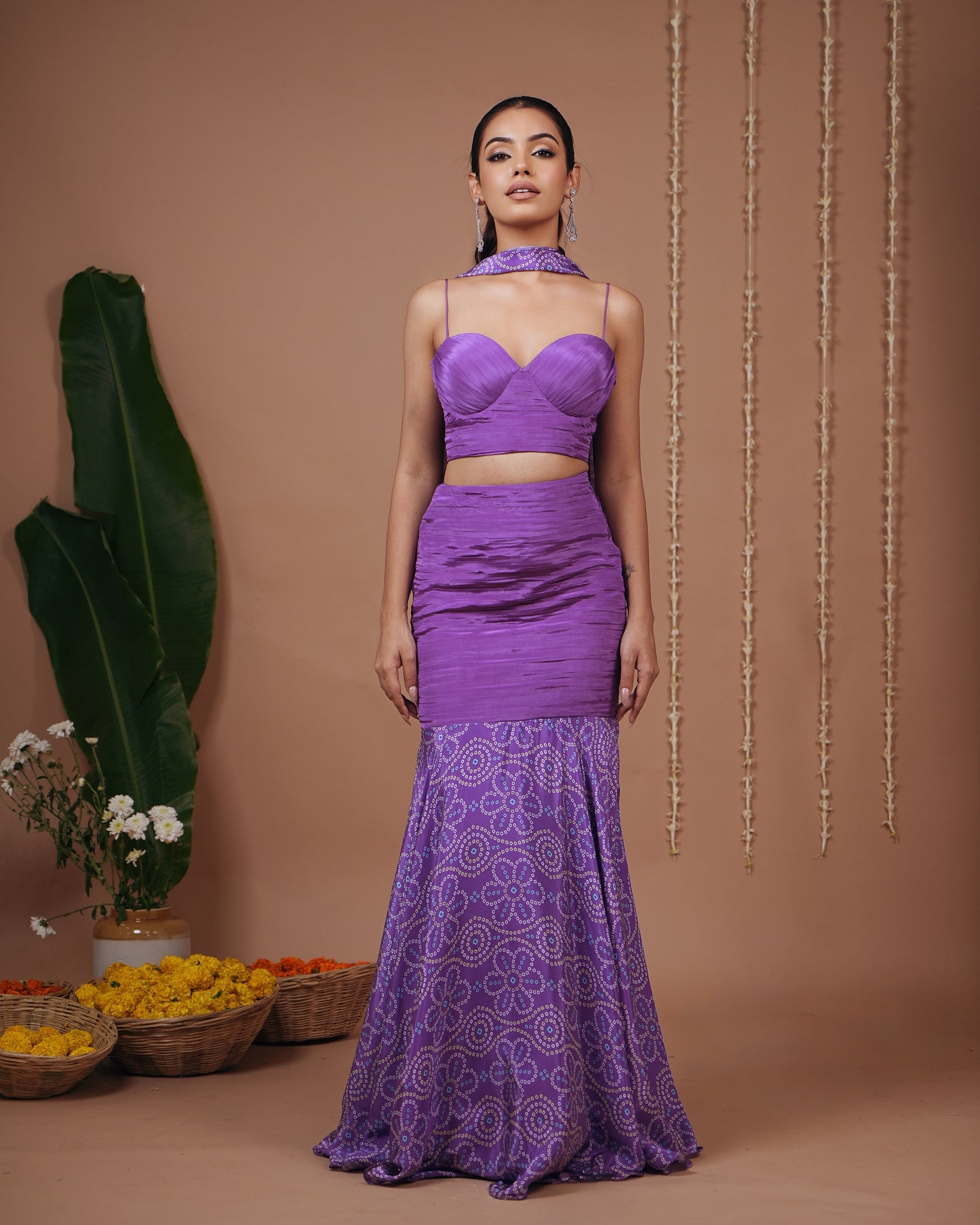 Purple Bandhani Corset Indo Skirt Set (Set of 3)