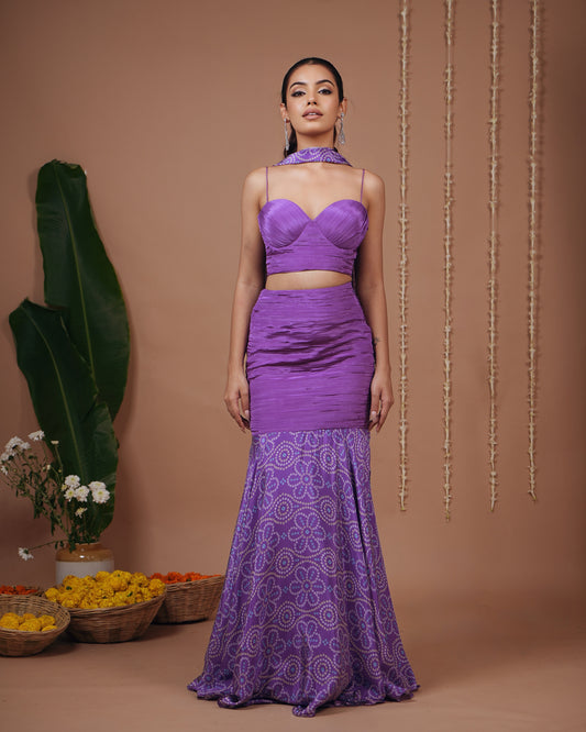 Purple Bandhani Corset Indo Skirt Set (Set of 3)