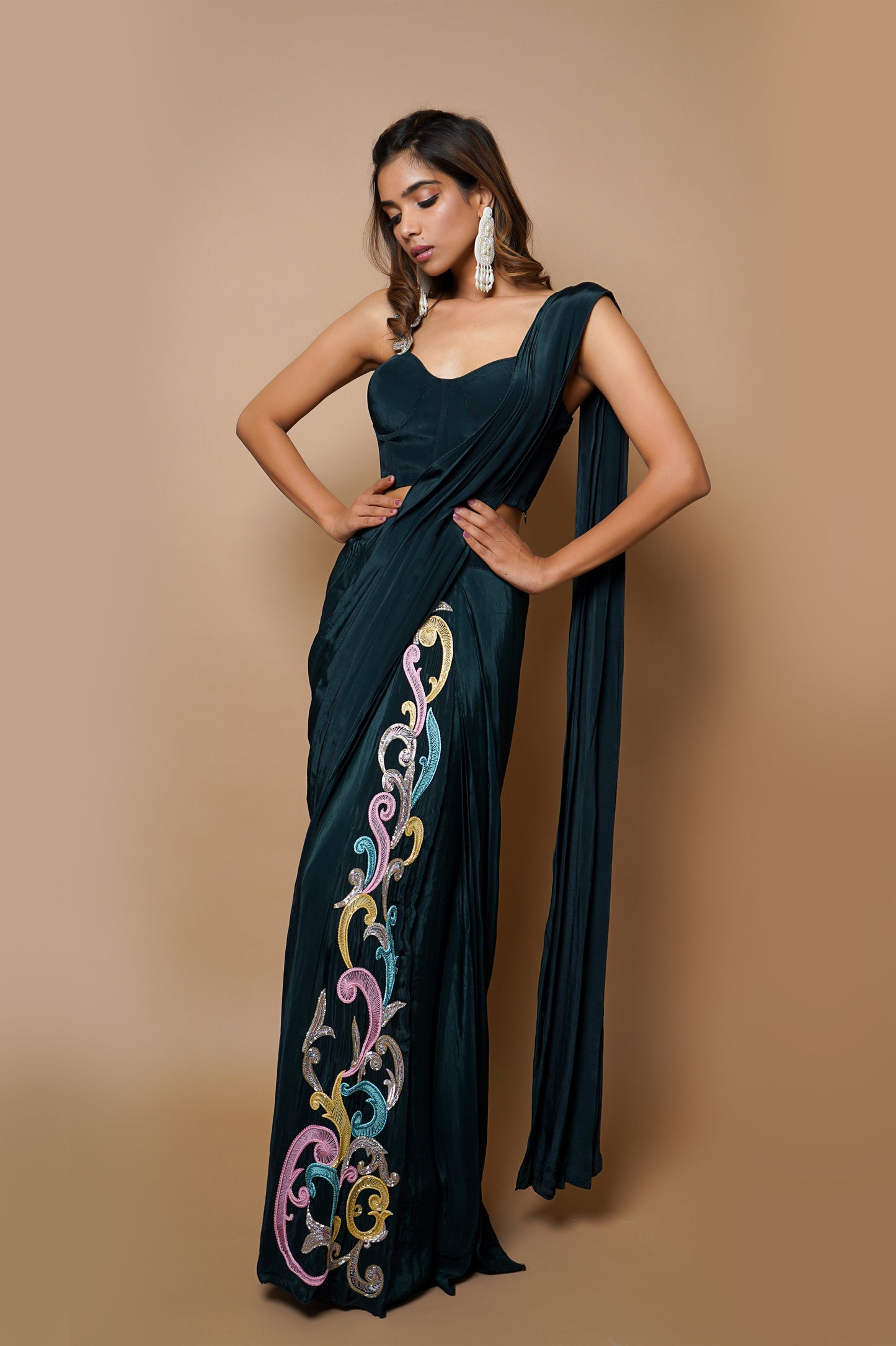 Teal Ready To Wear Saree (Set Of 2)