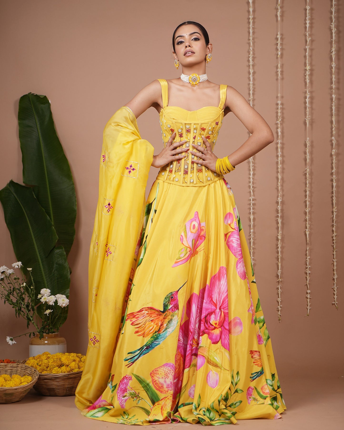 Mustard Floral Printed Corset Heavy Lehenga Set (Set of 3)