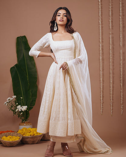  Ivory Chikankari Anarkali Suit Set (Set of 3)