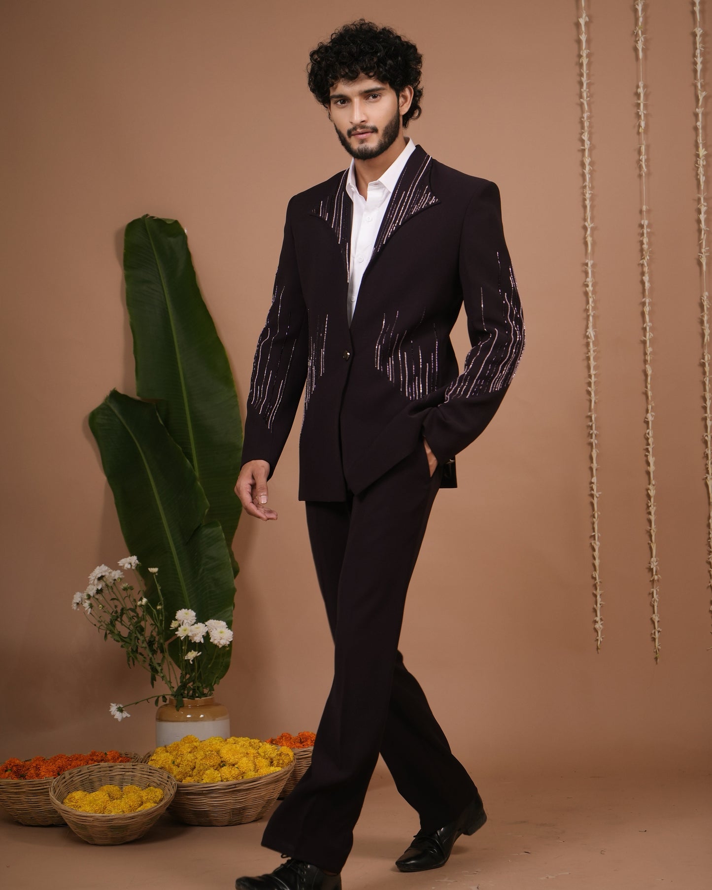 Dark Purple Coat And Pant Set (Set of 3)